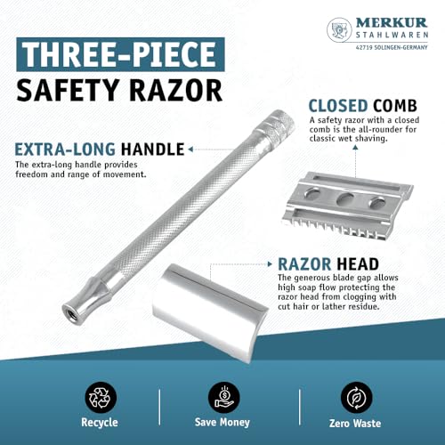 Image of MERKUR 24C Safety Razor For Women with 10 Double Edge Blades | Extra Long Handle | Three-piece Razor | Straight Cut | Bright Chrome Finish | Made in Germany