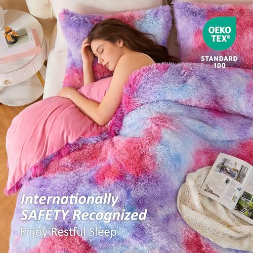 Image of EMME Luxury Fuzzy Duvet Cover Set King Size Fluffy Comforter Cover Set for King Bed 2 Pieces Shaggy and Plush Soft Bedding Duvet Covers (Rainbow Pink Purple, King)
