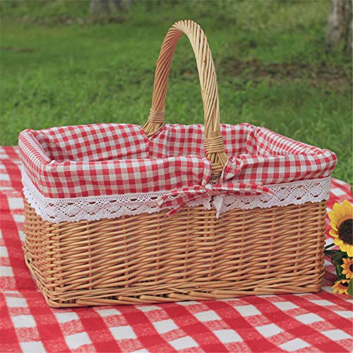 BEI&YANG Picnic Basket Outdoor Wicker Picnic Basket Wicker Basket Hand Woven Wicker Basket Picnic Basket With Handles And Linen Cotton Lining-Uncovered Large + Red Grid Lining