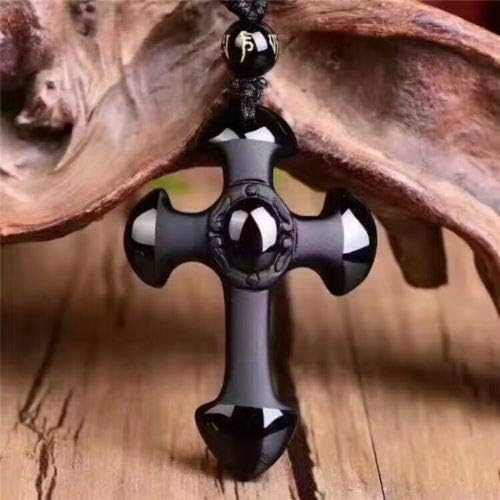 Crystal black Obsidian cross necklace Amulet pendant with adjustable bead chain for women or men - Image 3