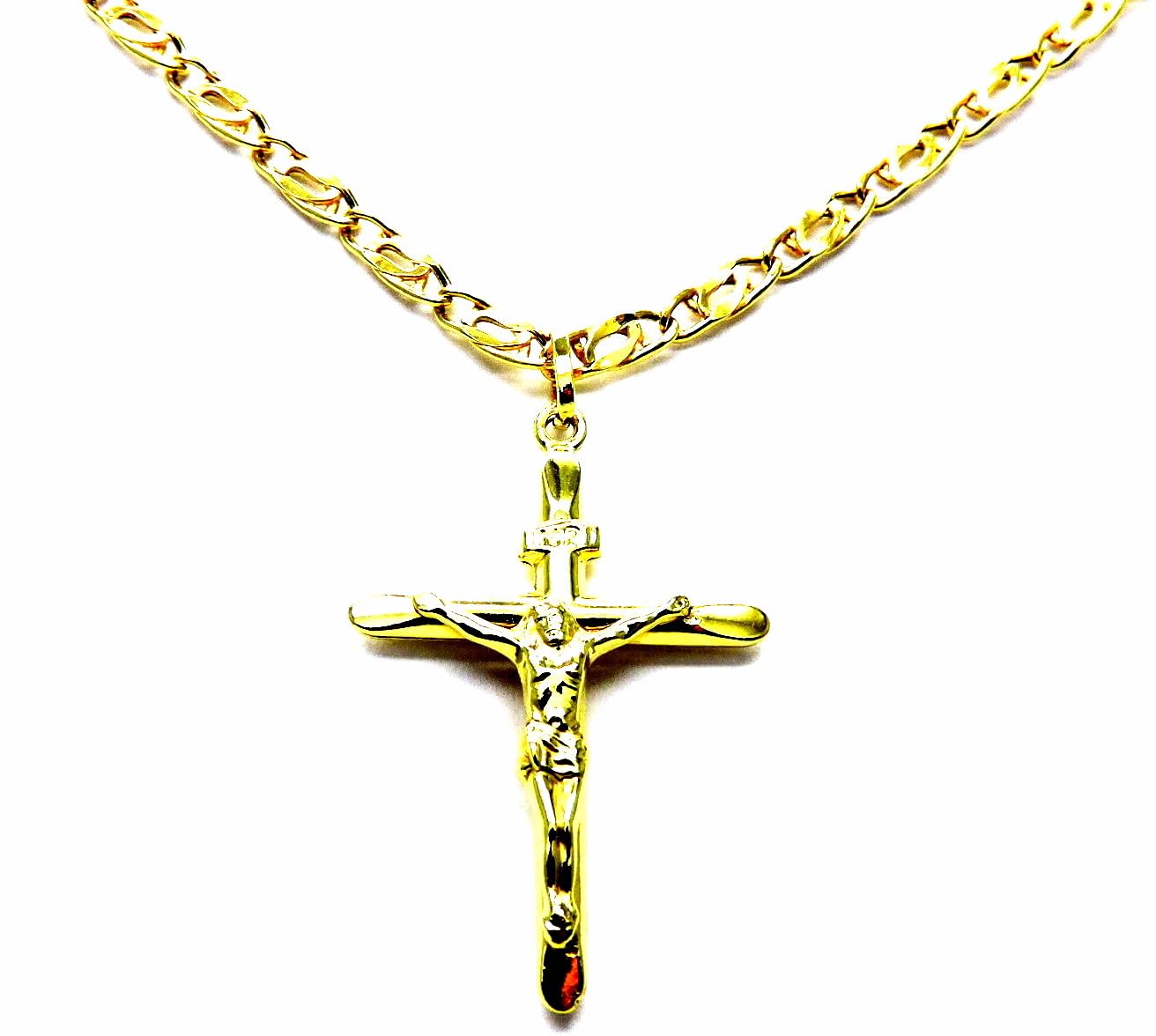 Collana Uomo in Oro Giallo 18kt 750 Catena Pernice Pinzata con Pendente Religioso Croce Gesù Cristo Smussata cm 50