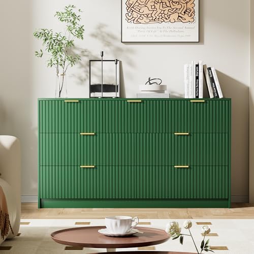 Image of Furniway Green Dresser for Bedroom, Modern Dresser with 7 Drawers and Smooth Slides, Wide Chest of Drawers with Golden Handles for Bedroom, Living Room, Closet, 15.7 inch D x 55.1 inch W x 31.4 inch H