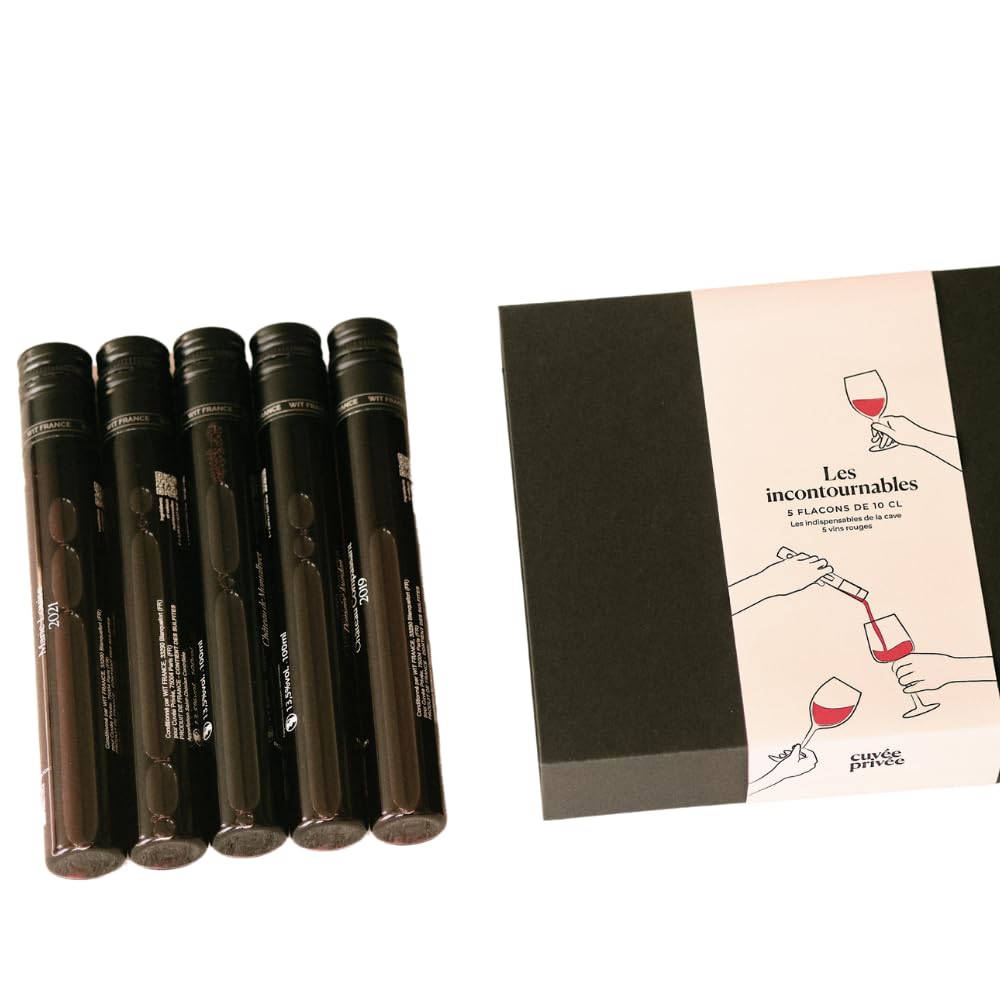 Coffret dégustation vins rouges 100 % – 5 flacons 10 cl - Bourgogne, Bordeaux, Rhône, Languedoc – Sélection France - Format verre - Cadeau œnologique