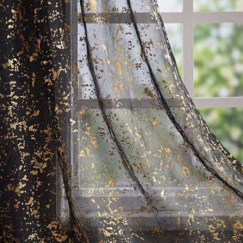 Horaldaily Black Sheer Curtains for Living Room and Bedroom,Gold Sequin Glitter Metallic Foil, Scenery Light Filtering Window Curtains, 52" W x 84" L, Set of 2 Curtain Panels