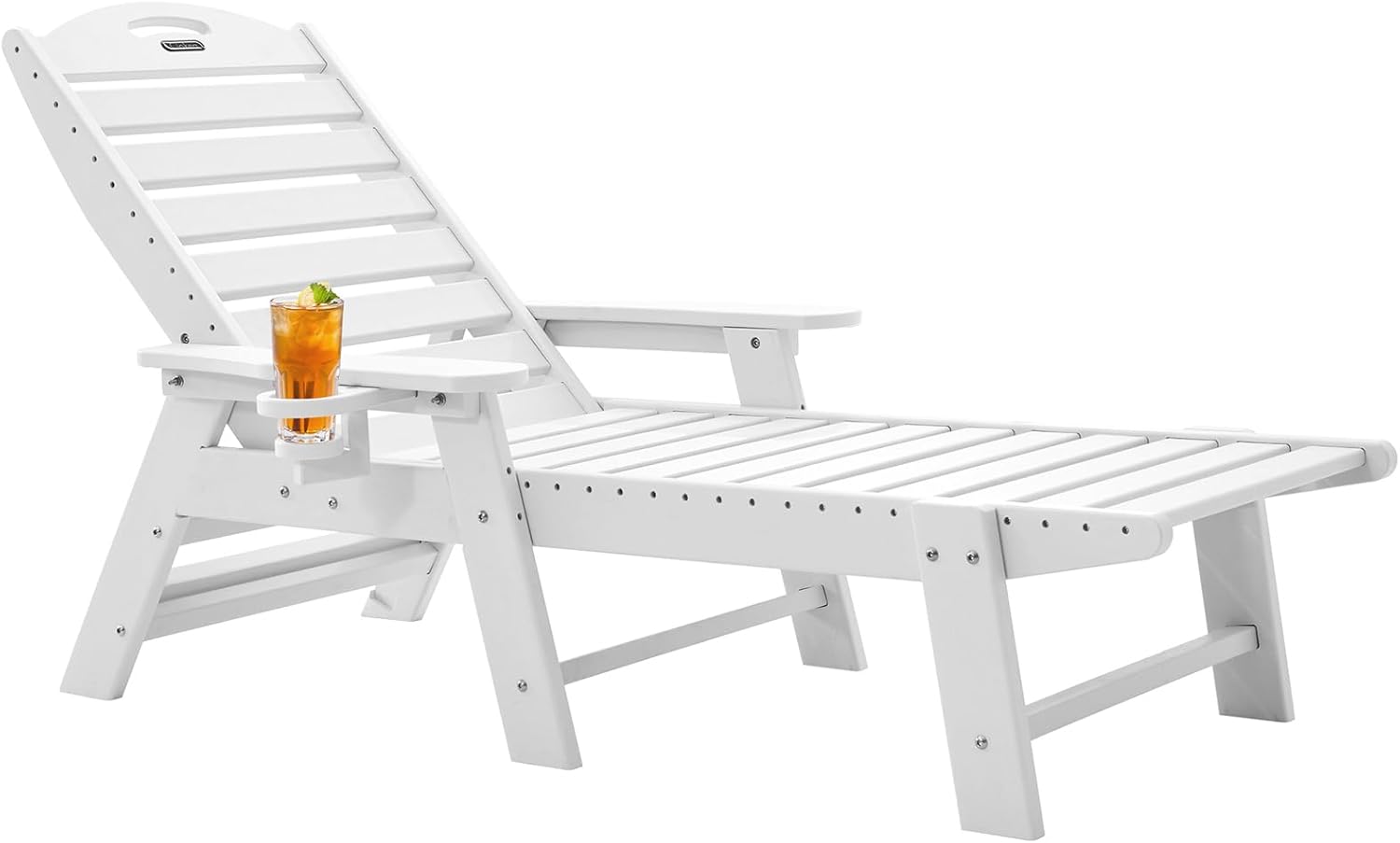 Chaise Lounge for Outdoor, Patio Lounge Chairs for Outside, Chaise Lounge Chair with 6 Positions, HDPE Lounge Chair with Cup Holder for Pool Poolside Deck Backyard Lawn,White
