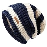 CCREDONE Striped Crochet Slouchy Beanie Knitted Hats for Women Men Warm Soft Stocking Skull Caps for Cold Weather(Blue, White)