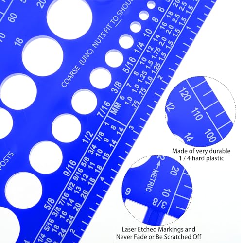 Hoteam 2 Pieces Nut Bolt Thread Gauge Screw Nut Size Thread Metric Checker Inch Plastic Bolt Gauge Sizing Tool Measurement Identifier with Inch and Centimeter Ruler(Blue)