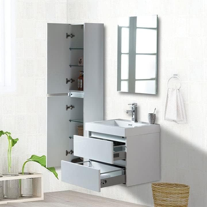 Vanity Art 24-inch wall mounted vanity with drawers open, showing internal storage and soft-closing mechanism.