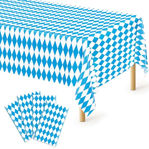 Image of 4 PCS Oktoberfest Decoration, 54 X 108 IN Blue White Checkered Plastic Oktoberfest Tablecloth, Disposable Rectangular German Theme Table Supplies, Bavarian Tablecover, Beer Tablecloth for Party Picnic