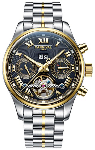 TEINTOP Carnival Men's Complications Automatic Mechanical Watch with Steel Band (Gold Black)