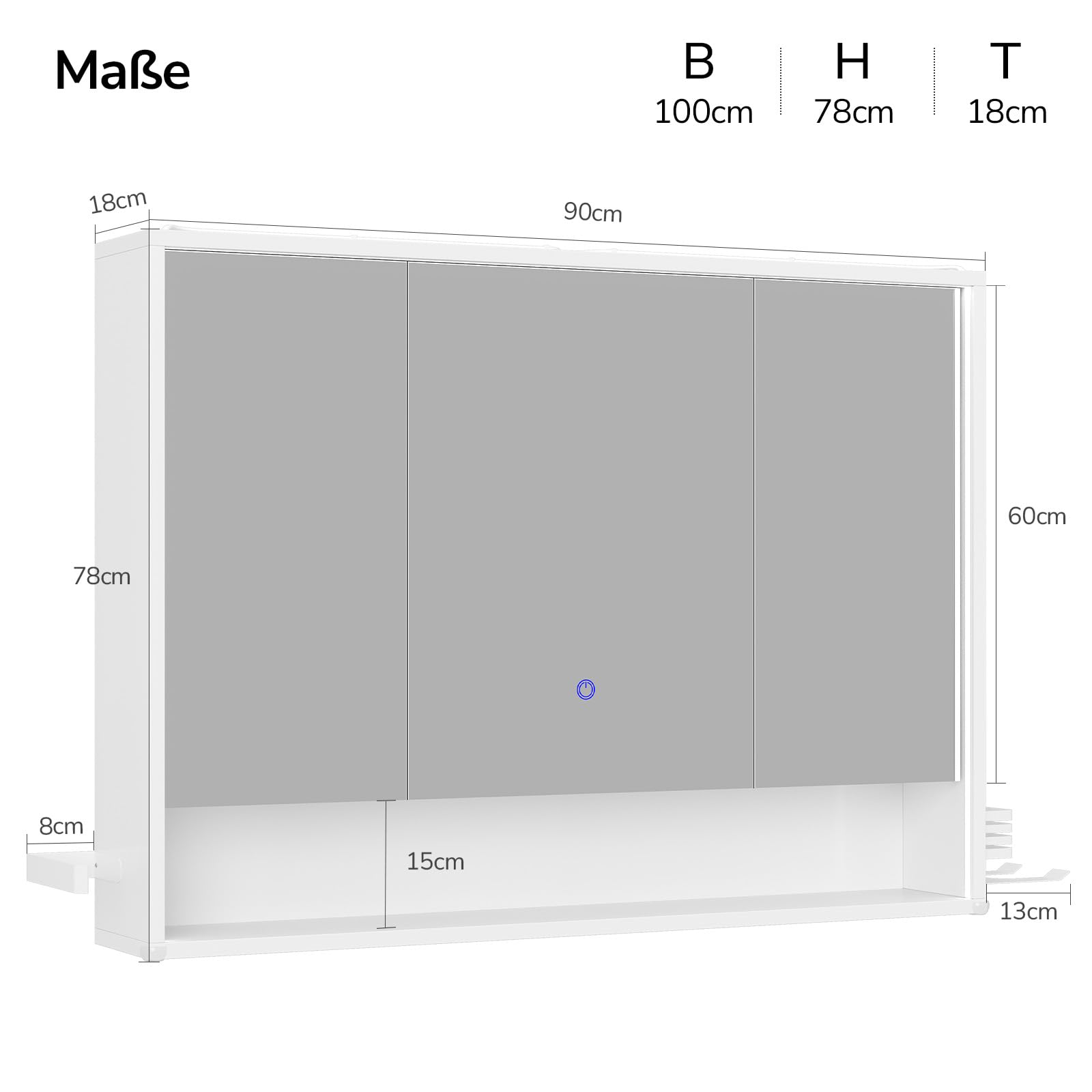 Specchio Bagno Contenitore 100Lx78Hx18P cm – Luce LED Incassata su 3 Lati, Design a 360° per Visione Totale, Touch 3 Luci, Prese, Porta Asciugacapelli e Asciugamani