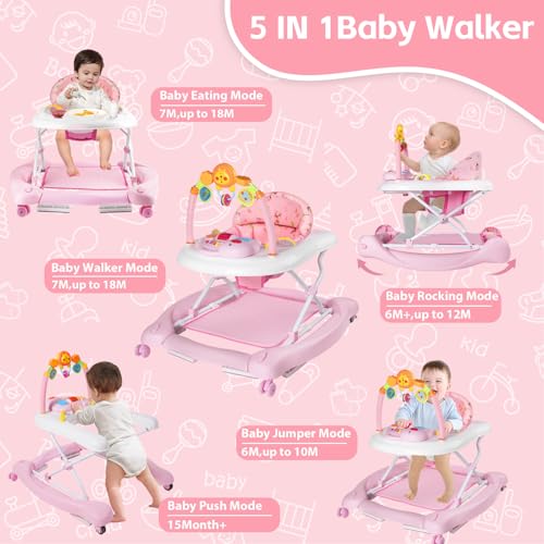 baby walker 5 in 1 baby walkers for boys girls 6-12 months foldable walkers for babies with bouncer amp feeding tray music adjustable heights activity walker for infant
