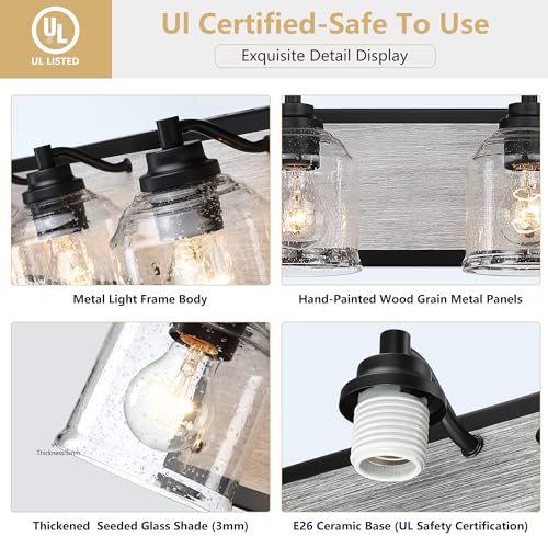Image of 16 inch 2-Light Farmhouse Bathroom Vanity Light with Bubble Glass, Gray | Metal base with hand-painted wood-grain finish, 5.3 inch seeded glass, E26 Bulbs, mount up /down, for bathroom hallway