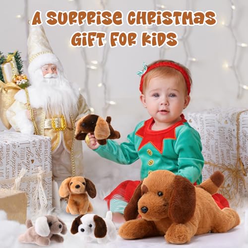Skylety 5 Stück Welpen Kuscheltiere Mama Hundebauch mit 4 Niedlichen Plüschtier Hunde Spielzeug Kissen Weich und Kuschelig Stofftiere Welpen Sortiment für Geburtstag Weihnachten(Fleck GoldenRetriever)