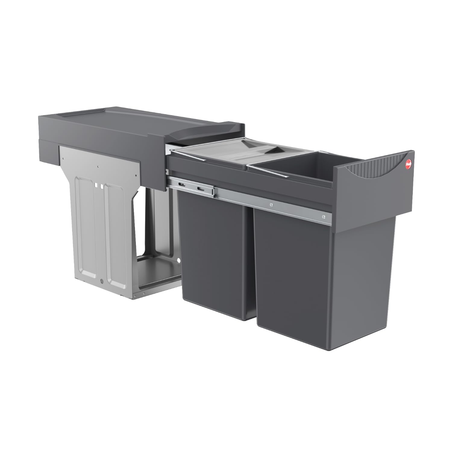 Hailo Abfallsammler Tandem 3666102 | für Schränke ab 300 mm Breite | Einbau Mülleimer 2 x 15L mit Biodeckel | Vollauszug mit Teleskopschienen | Anthrazit
