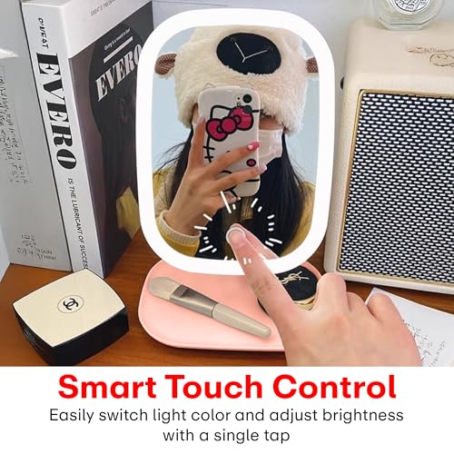 Image of Prime Pick Beauty Pro Makeup Mirror LED Light 360 Degree Rotating Vanity Mirror Lightweight Portable Tabletop Travel Mirror for Home Multipurpose Use Pink Pack of 1