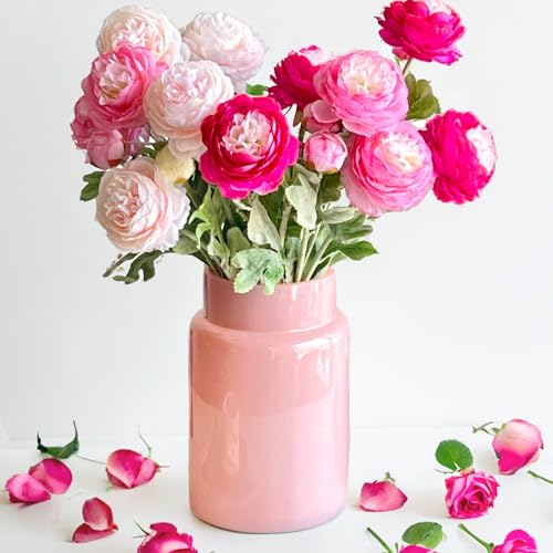 BLOFLO Pink Glass Vase, 9 Inch Large Glass Vase for Flowers, Modern Thick Glass Flower Vases for Centerpieces, Decorative Glass Cylinder Hydroponic Vase for Wedding, Home, Office (Pink, 9Inch)