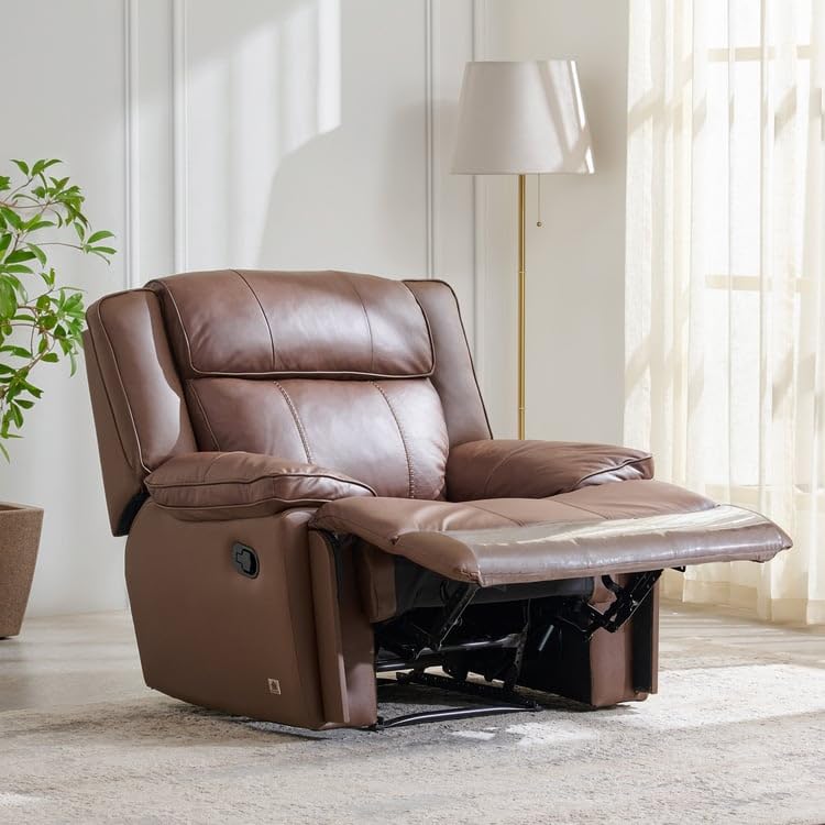 Image of Home Centre | Torino Half Leather 1-Seater Recliner | Recliner Sofa for Living Room | Solid Wood | Brown | 2 Year Warranty
