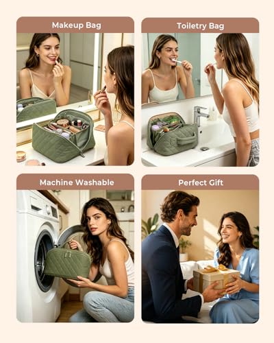 Image of Batfield Makeup Pouch Bag for Women, 2Pcs Waterproof Puffer Set with 180 Flat Open, Travel Large Capacity Makeup Bag for Women with Brush Compartment & Handle for Vacation, Business Trip (Green)