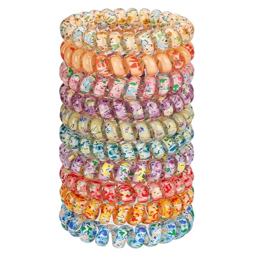 JessLab Spiral Hair Ties for Ladies, 10-Pack Elastic Cute Plastic Coil Bands, No-Damage Accessory for Women and Children with Thick or Thinning Hair, Silkscreen Floral Print