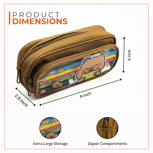 Image of Alokik Enterprise Cute Cartoon Pencil Pouch with Double Zipper & Transparent Window, Large Capacity Fabric Pen Case for School, Office, Students, Kids & Teens (Daily Life Brown Pouch)