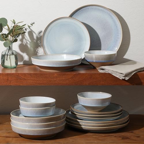 Image of Gibson Elite Hailstone 16 Piece Stoneware Reactive Glaze (Service for 4) Ceramic Plates and Bowls Dinnerware Set - Moon Blue