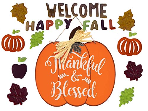 Thankful & Blessed Pumpkin Fall Hanging Sign 12X12 | Thanksgiving, Welcome Happy Fall Autumn Decorations | Fall Leaves Maple Window Gel Clings