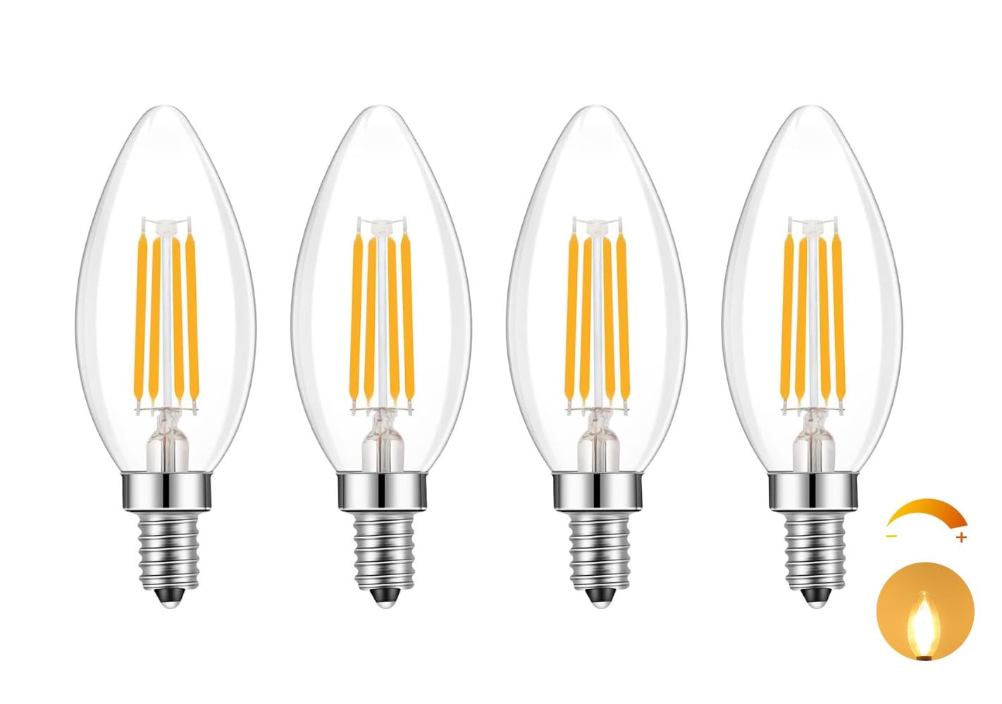 E14 Dimmable(full range dimming (100% - 0%), Led Candle Bulb,C35, 4.5W Equivalent 40w, Warm White 2700K, Pack of 4, 1 Year Warranty.