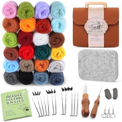 24 Colors Needle Felting Kit, Wool Roving with Felting Needles Kits for Beginners, Needle Felting Starter Kit with Mat Tools Supplies with Storage Bag for Diy Crafting