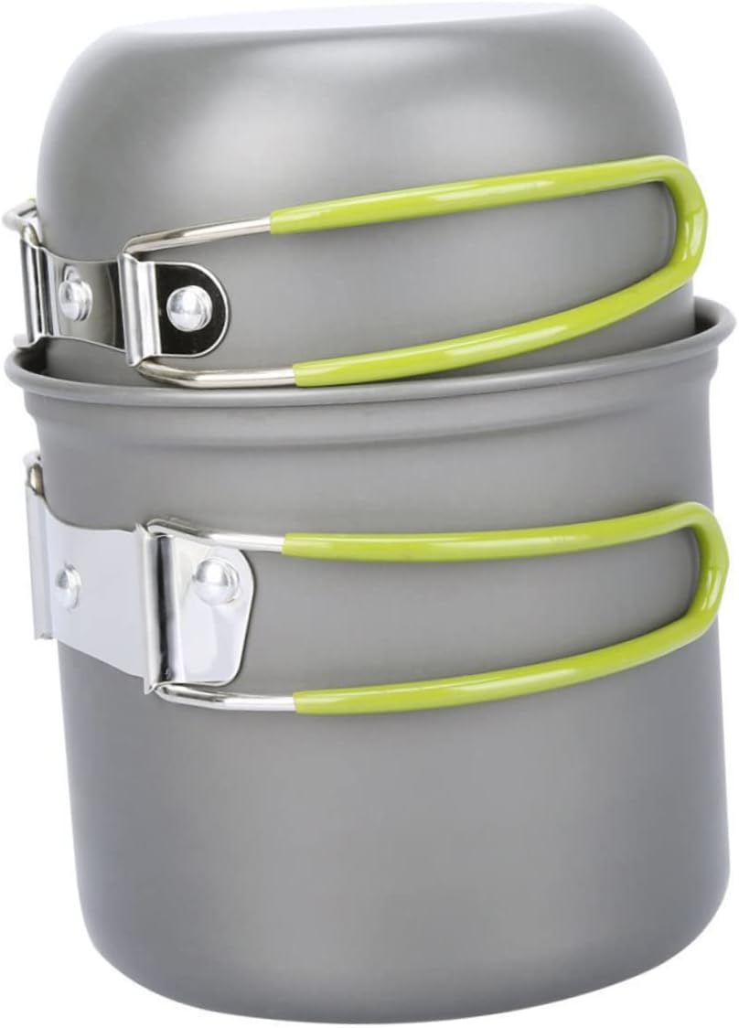 Happyyami 1set Portable Camping Cookware Lightweight Aluminium Alloy Cooking Pots Green Handle for Outdoor Cooking Hiking and Picnic Use