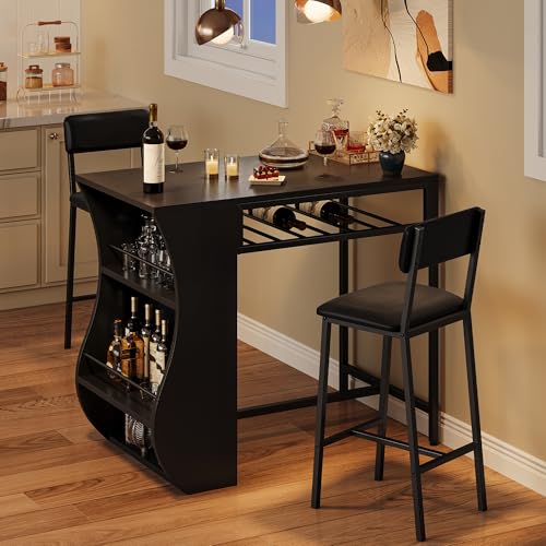 FEONASE 3 Piece Bar Table and Stools Set with 2-Tier Storage Shelves & Wine Rack, Moden kitchen Small Dining Table and Chairs Set 2 for Small Space, Sturdy Steel Frame, Black