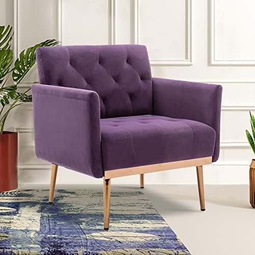 Kivenjaja Velvet Accent Chair, Modern Comfy Tufted Upholstered Armchair For Living Room & Bedroom, Reading Arm Chair Single Sofa With Rose Gold Metal Legs, Purple #TOP29