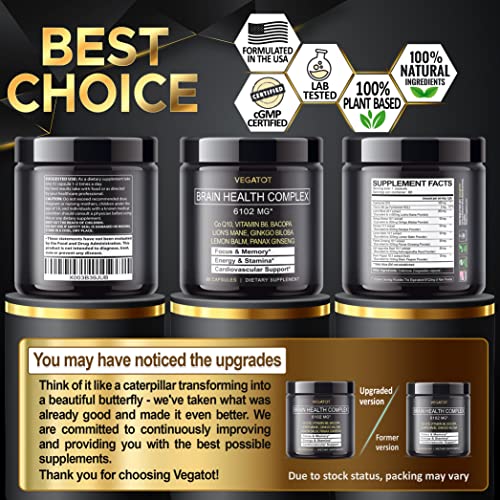 Vegatot Brain Booster 6,102Mg *Usa Made And Tested* Brain Health Complex Supplement Concentrated Extract With Coq-10 Vit B6 Lion's Mane Ginkgo Biloba Lemon Balm Ginseng - Focus Memory Energy #TOP5