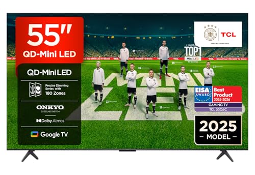 TCL 55 Zoll 55Q6C QLED Mini LED Fernseher, 4K HDR Premium, Dolby Vision IQ & Atmos, Onkyo 2.1, Smart Google TV, 144Hz Motion Clarity Pro, AMD FreeSync Premium Pro, HDMI 2.1, AirPlay 2
