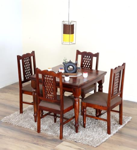 Image of Dining Table Set of 4, Wood 4 Seater Dining Table with Chair || Wooden Dining Table 4 Seater for Living Room || Folding Dining Table || Dining Room Furniture || Cane Chairs for Balcony || Honey Finish