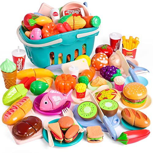 LOYEAH 90 PCS Cutting Play Food Toy for Kids Kitchen, Toy Kitchen Accessories Pretend Play with Storage Basket, Toy Fruits, Toy Vegetables, Knives, Cutting Boards, Plates, Toddlers Kids Birthday Gifts