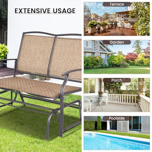 Image of Giantex Patio Glider Bench, 400 Lbs Capacity, Steel Frame, Brown, Outdoor Swing Chair, 2-Person Loveseat, Back Support, Ergonomic Design, Superior Fabric, Natural Style