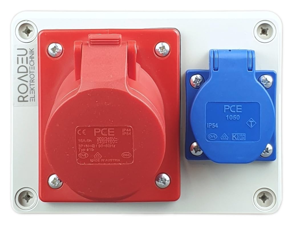 RoadEu - Distribuidor de pared 16A 5P - Enchufe CEE con Schuko 230V - Toma de pared combinada, IP44, totalmente cableado. Ideal para Taller, Cobertizo y Fábricas
