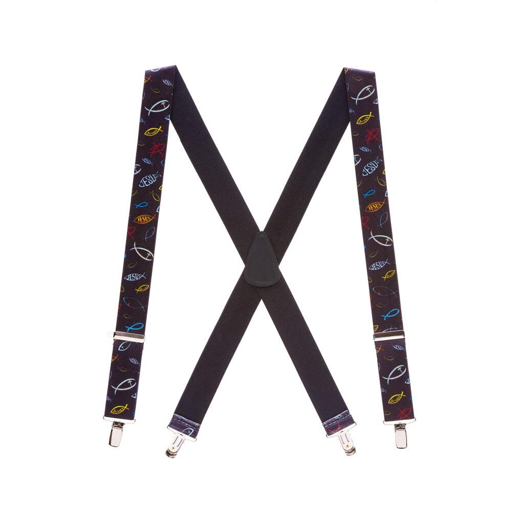 Suspender StoreChristian Fish Design Suspenders - 1.5-Inch Wide Elastic Straps - X-Back - Clip - 3 Sizes
