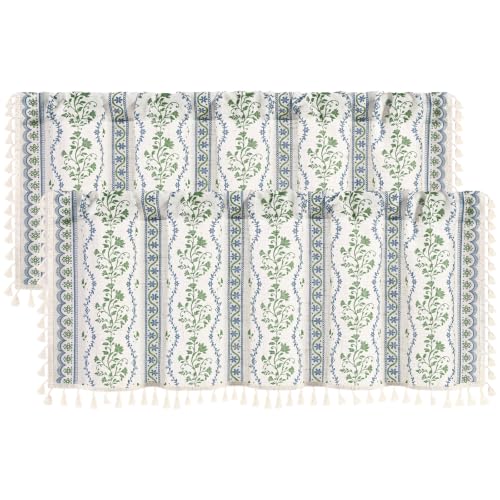 Image of Yinhua 2 Pack Boho Valance Curtains Vintage Linen Kitchen Valances for Windows Light Filtering Bohemian Floral Valance Rod Pocket Tassel Window Valances for Bathroom Cafe, 52 inch W X 18 inch L, Blue Green