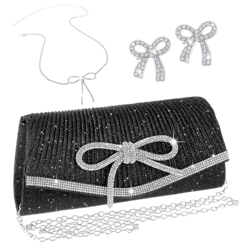 Image of Cutecrop 3 Pcs Fashion Women Bow Evening Clutch Jewelry Set, Black Bag Purse Wedding Rhinestone Necklace Earrings for Prom Party