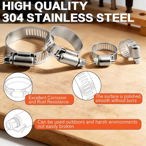 Image of 185Pcs 304 Stainless Steel Worm Gear Clamps Assortment Kit 1 /4 inch-2(6-51mm), with 10FT Metal Strap+8 Stronger Fasteners for Automotive, Plumbing, Marine & DIY