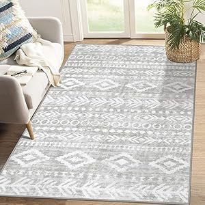 Lahome 4x6 Area Rugs for Living Room, Washable Non Slip Soft Grey Rug, Low Pile Moroccan Tribal Print, Stain Resistant Rubber Backed Indoor Carpet for Bedroom Playroom Office Nursery Varena