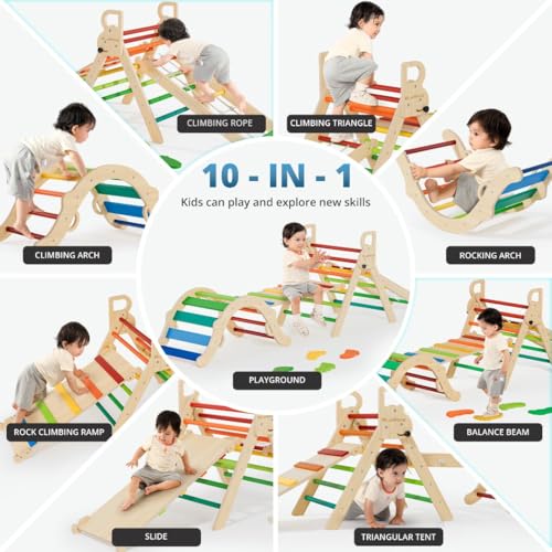 Image of BlueWood 10-in-1 Pikler Triangle Set, Toddler Climbing Toys Indoor, Montessori Climber, Baby Jungle Gyms with Arch, Extra Rope Ladder & Footprint Balance Beam - Neon Aurora