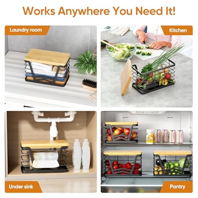 2 Pack Trash Bag Holder, Wall Mount Trash Bag Holder with Bamboo Top, Garbage Bag Dispenser Roll Holder, Pantry Organizers Wall Mounted Laundry Room Organization Storage, Black Small& Large