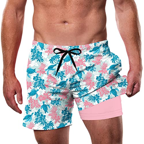 Cozople Men's Compression Liner Swim Shorts Summer Quick Dry Swim Trunks Beach Swimming Shorts Sea Turtle Leaves Hybrid Swimwear With Boxer Brief Lined L #TOP10
