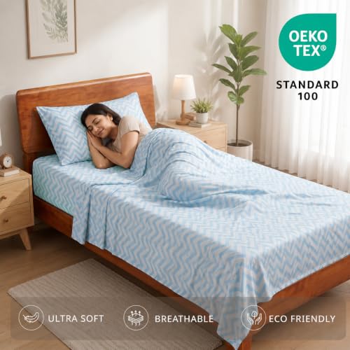 Image of LANE LINEN 100% Organic Cotton Bedsheet for Single Bed - Chevron Cool Blue | GOTS Certified, Percale Weave, 60x90 inches, Soft & Breathable, Machine Washable, Includes 1 Pillow Cover