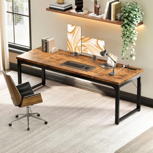 Image of Coleshome 71 Inch Long Computer Desk with Power Outlet, Thicker Desktop & Legs, Large Heavy Duty Office Desk for Home Office & Gaming, Rustic Brown