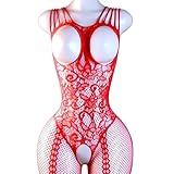 nine-tailed fox Women Fishnet Bodystocking Lace Mesh Badydoll Bodysuit Soft Nightwear Sexy Lingerie One Piece (42Red, One Size)