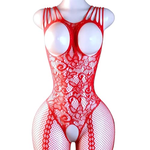 nine-tailed fox Women Fishnet Bodystocking Lace Mesh Badydoll Bodysuit Soft Nightwear Sexy Lingerie One Piece (42Red One Size)